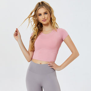 2021 Yoga shirt new short-sleeved simple fashion fitness body elastic fast dry absorbing sweat yoga Top dress women 8124