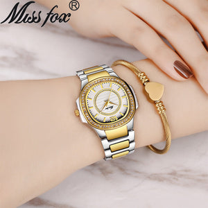 Missfox 2549 popular diamond inlaid leisure fashion women's watch gold waterproof quartz watch women's Casual watch
