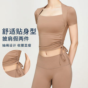 New Yoga Clothes T-shirt Side Drawstring Slimming Sports Top Fitness Clothes for Women yoga running outdoor clothing