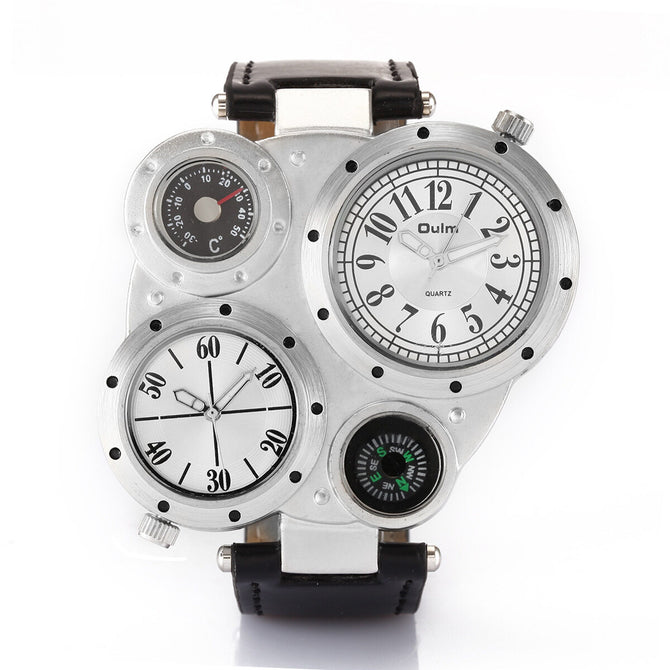 Oulm watch for men Double Time Zone Men's leather Watch Large Dial Compass Quartz watch HP9415