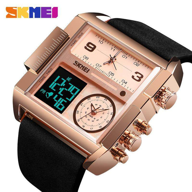 SKMEI 1391 Men BIG DIAL Watches Fashion Digital Watch For Man Leather Strap Dual Display LED Quartz Watch Chronograph Alarm Clock Calendar Date Stopwatch Luminous Waterproof Shockproof