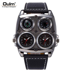 Oulm Large Dial Fashion Casual Men's Watch Large Dial Dual Time Zone Compass Men's Quartz Watch HP1140