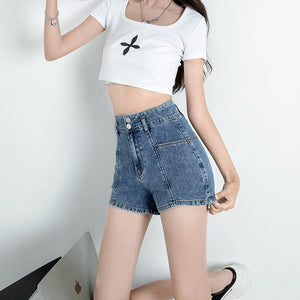 JEANS retro denim shorts women's 2022 summer new high-waisted thin double-button elastic loose A-line pants 7079