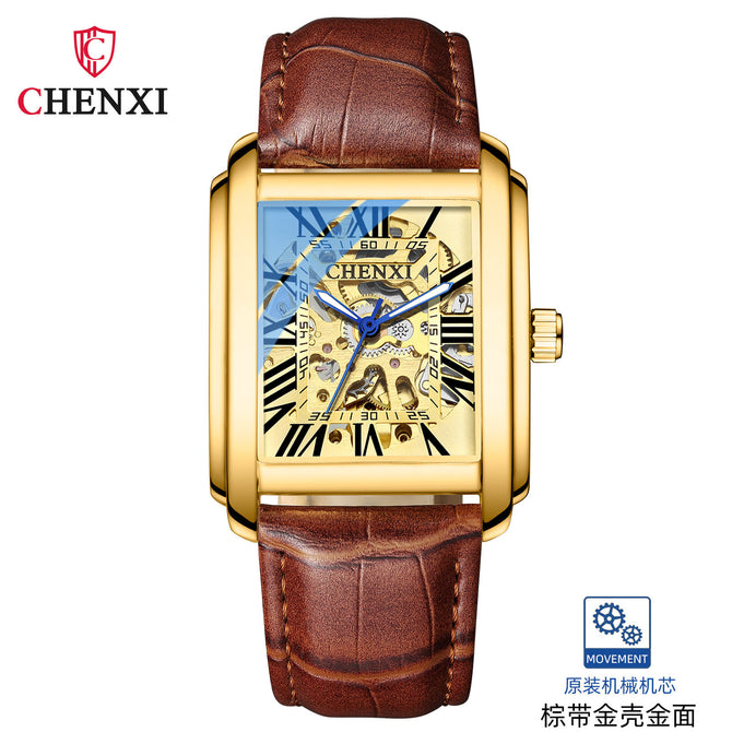 CHENXI Square Skeleton Automatic Mechanical Watch Men's fashion Leather Waterproof men's casual Watch CX-8816