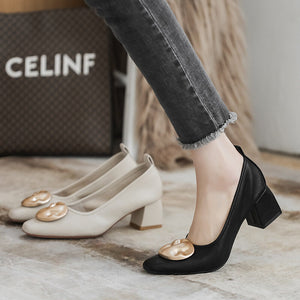 Square toe single shoes women's 2022 new single shoes casual soft shallow mouth metal women's thick heel Korean version 616-3