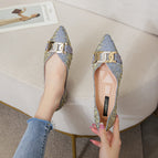 2022 summer new metal string buckle rhinestone pressed satin shallow mouth single shoes flat office lady women scoop shoes female 222-20