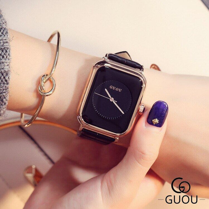 GUOU Top Brand Simple Fashion Watch Rectangle Dial Genuine Leather Quartz Watch Women Watches women's gift