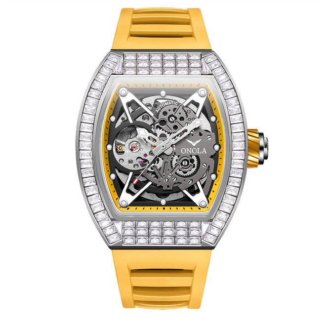 ONOLA ON3838F 2023 Fashion Square Diamond New Hollow Automatic Mechanical Watch Men's Silicone strap Waterproof watch