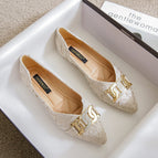 2022 summer new metal string buckle rhinestone pressed satin shallow mouth single shoes flat office lady women scoop shoes female 222-20