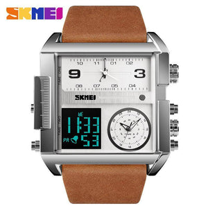 SKMEI 1391 Men BIG DIAL Watches Fashion Digital Watch For Man Leather Strap Dual Display LED Quartz Watch Chronograph Alarm Clock Calendar Date Stopwatch Luminous Waterproof Shockproof
