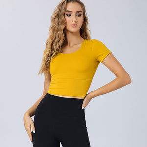 New summer fitness dress women tight sexy back yoga short sleeves with chest pad gym professional training top 8225