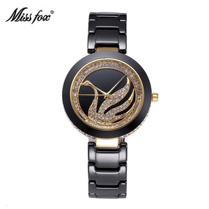 Missfox fashion high-end ceramic watch diamond swan ultra-thin girls Korean casual waterproof women's watch T003