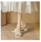 Sandals women's summer 2022 new thick heel sandals women's pleated lace pearl one word buckle high-heeled sandals lady ZR1138-2