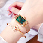 Women square quartz watch peacock stone retro leather mesh lady watch small green watch set 010t