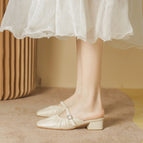 Slippers women's 2022 summer new square head pleated half slippers women's thick heels outside wear sandals and slippers women 17834-2