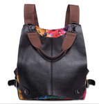 Canvas with cowhide backpack printed women's bag national color contrast schoolbag multifunctional Backpack