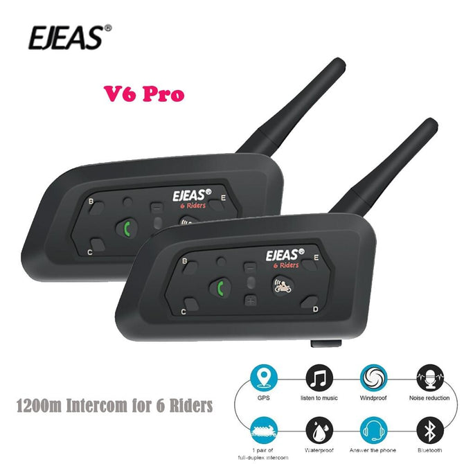 Limited Sale!2PCS/Set EJEAS V6 Pro Helmet Intercom Headset Motorcycle Bluetooth 1200m Interphone Communicator Full Duplex for 6 Riders Waterproof IP65