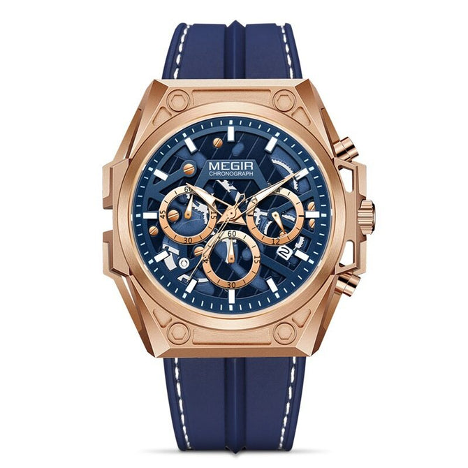 Megir Watch Men Stainless Steel Luminous Timing Hollow Sports Quartz Silicone Watch 4220