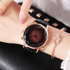 GUOU 8107 Stylish Ladies Large Dial Diamond Watch Black Purple Leather Strap Wrist Watch Women's Watches