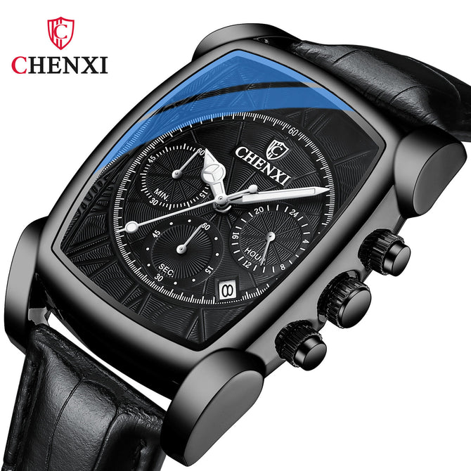 CHENXI's new multi-function sports watch men's leather rectangular waterproof luminous quartz men's casual watch CX-909