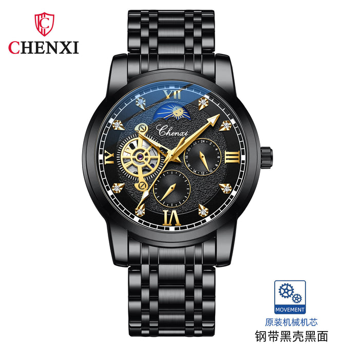 CHENXI Watch Men's Mechanical Watch Moon Phase New Butterfly Clasp Steel Automatic Mechanical Watch 8859
