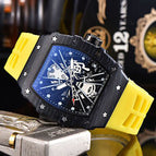 Men's watch Carbon Fiber Wood Grain Quartz Watch Barrel Shape Fashion Hollowed-out Quartz Waterproof Watch 9791E