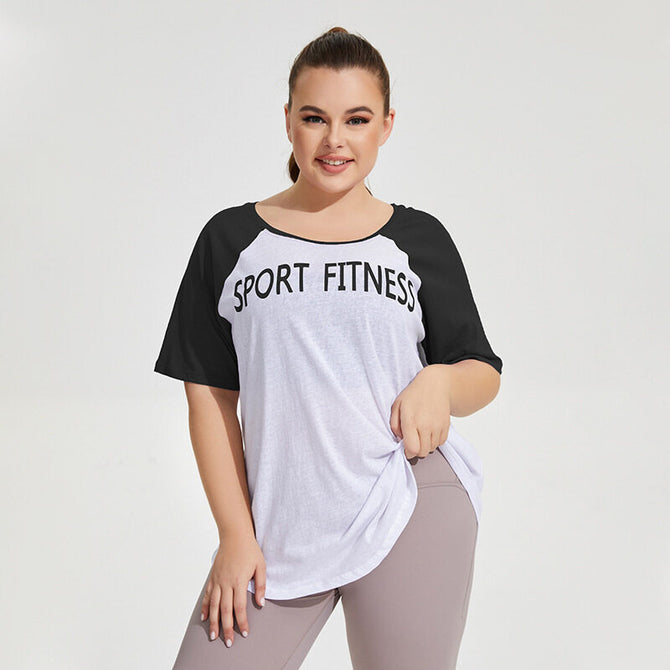 Women plus size T-shirt Loose Breathable Yoga Clothes Blouse Women's big Size Printing Color Contrast Running Athletic Clothing Short-Sleeved Clothes T-shirt YY182