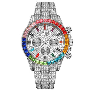 PINTIME men's watch Crystals Three-Eye Watch Square Rhinestone Diamond Men's and Women's casual quartz Watch PT2742