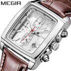 MEGIR Men's watch business causal square waterproof calendar leather quartz men's watch 2028G