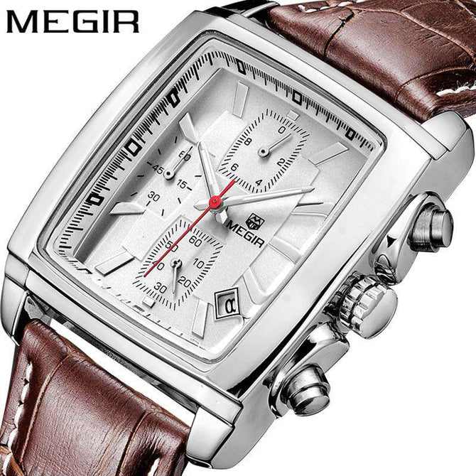 MEGIR Men's watch business causal square waterproof calendar leather quartz men's watch 2028G