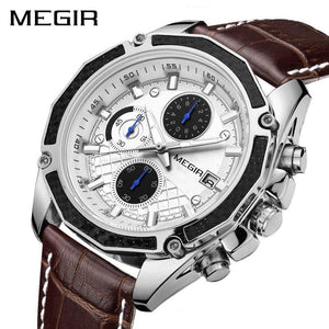 MEGIR 2015 Official Quartz Men Watches Fashion Genuine Leather Chronograph Watch Clock for Gentle Men Male Students