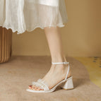 Sandals women's summer 2022 new thick heel sandals women's pleated lace pearl one word buckle high-heeled sandals lady ZR1138-2
