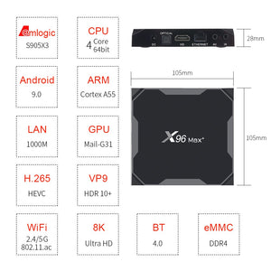 X96 Max Plus TV Box S905X3 Quad-core 64-bit Chipset CPU Cortex-A55 Android 9.0 TV Set Top Box Suppo