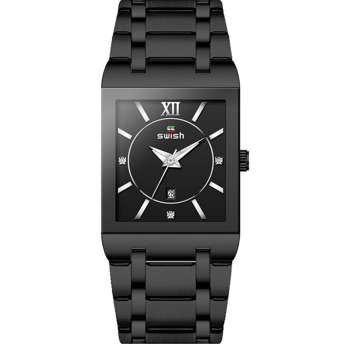 SWISH 0034 New rectangular men's fine steel band Japanese movement simple calendar quartz watch waterproof watch