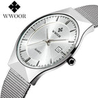 WWOOR 8016 Men's Watches Stainless Steel Band Analog Display Quartz Wrist Watch Ultra Thin Dial Fashion Dress Watch