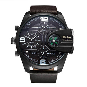 Oulm Ouli Men's Watch Large Dial Multi Time Zone Casual Leather Watch Compass 3790