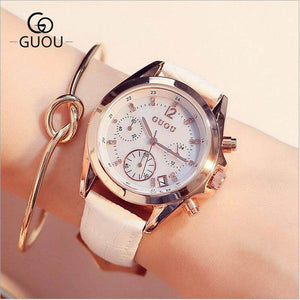 GUOU 8175 Fashion Crystal Women's Watches Luxury Ladies Watch Rhinestones Watches Leather Strap Auto Date Clock