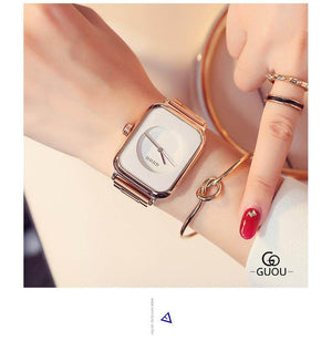 Fashion GUOU 8162 Steel No Fade Hardlex Rectangle Quartz Wristwatches Luxury Watch Women's Watches Rose Gold Ladies Watch Clock