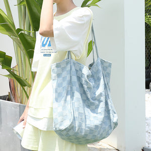 New Korean version art canvas bag ins casual wash denim handbag net red fashion lattice single shoulder female bag SR1119