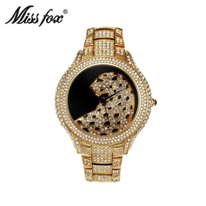 MISSFOX Wild Leopard Watch Pattern Set Diamond British Watch Stainless Steel Full Diamond Women's Watch Fashion Rhinestone Watch V200A