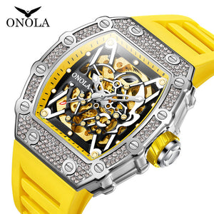 ONOLA ON3829D watch for men Fashion full diamond automatic mechanical watch men's silicone strap waterproof watch