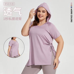 Plus size women T-shirt Slim Fit Thin Fitness Clothes Women's Hooded Short-Sleeved Sports T-shirt Quick-Drying Large Size Long Thigh-Length Yoga running sports Top YY158