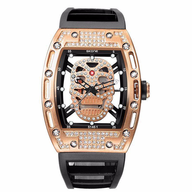 SKONE Space-Time Men's Outdoor Sports Watch New diamond-set openwork skull quartz watch 5146-1