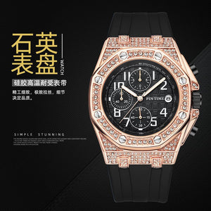 PINTIME men's watch silicone strap octagonal design calendar waterproof diamond plaid casual  men watch