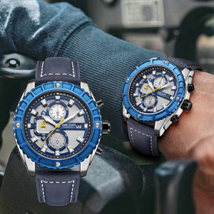 Megir Men's Watch Fashion Blue Timing Stereo Plate Leather Sports men calendar waterproof Watch 2119