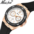 MISSFOX Watch Silicone Korean Version Versatile Diamond Fashion Three Eyes Quartz Ladies Watch 2593