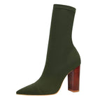 3129-3 Korean fashion short boots simple wood grain with thick heels elastic high heels Lycra sexy office shoes thin short boots