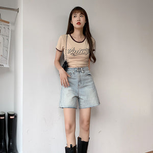 JEANS retro five-point jeans women's 2022 summer new high waist loose and thin pants LH22869