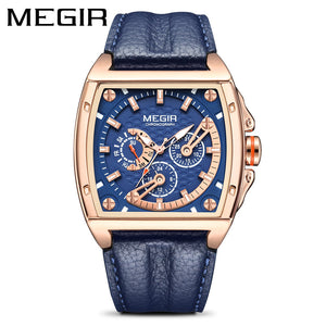 New megir men's watch fashion square waterproof luminous leather sports quartz watch 2204