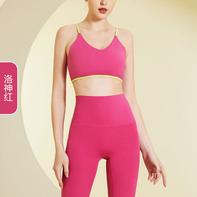 Popular Color Matching Fitness Suit Women's Fashion Sports Thin Shoulder Strap Beauty Back Bra High Waist Belly Contracting Yoga Clothes TZ23-823